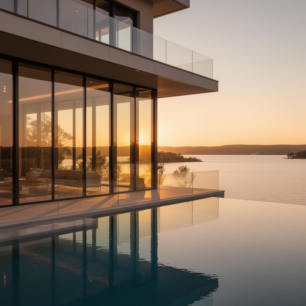 Thousand Islands estate at sunset, comparing raw glare to ITS tinted glass